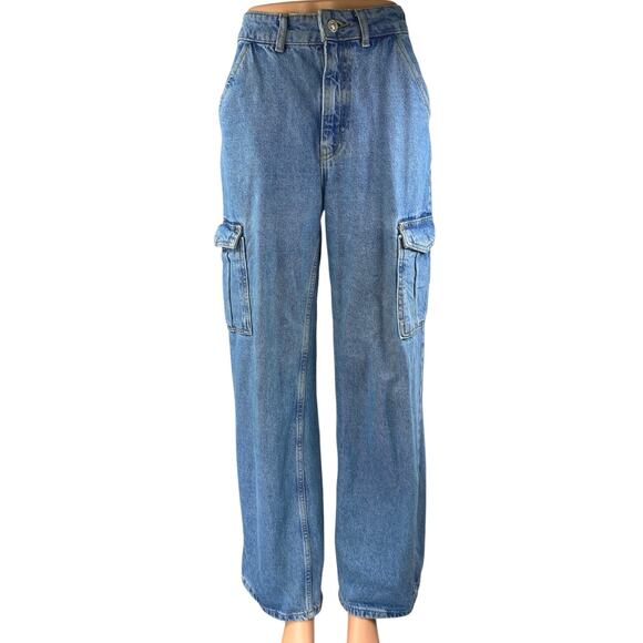 Zara Women's Blue High Waisted Straight Wide Leg Cargo Denim Jeans Pants Size 2 - Picture 1 of 5